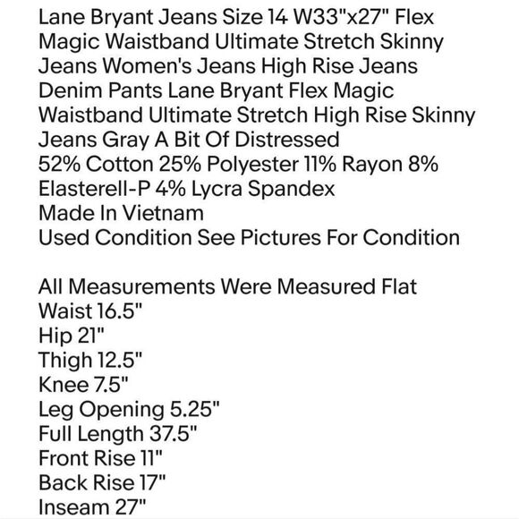Lane Bryant Jeans Size 14 W33"x27" Flex Magic Waistband Ultimate Stretch Skinny - Picture 2 of 10